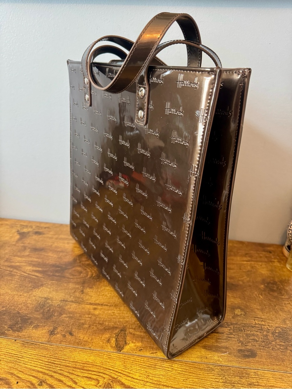 Harrods Bronze Patent Leather Embossed Logo Structured Tote Handbag‎ Y2K